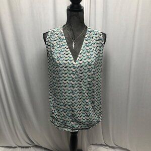 Cabi Bird Print Sleeveless Wrap Blouse Womens Size Small Sheer Green Gray Top